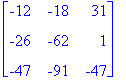 MATRIX([[-12, -18, 31], [-26, -62, 1], [-47, -91, -...