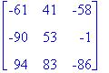 MATRIX([[-61, 41, -58], [-90, 53, -1], [94, 83, -86...